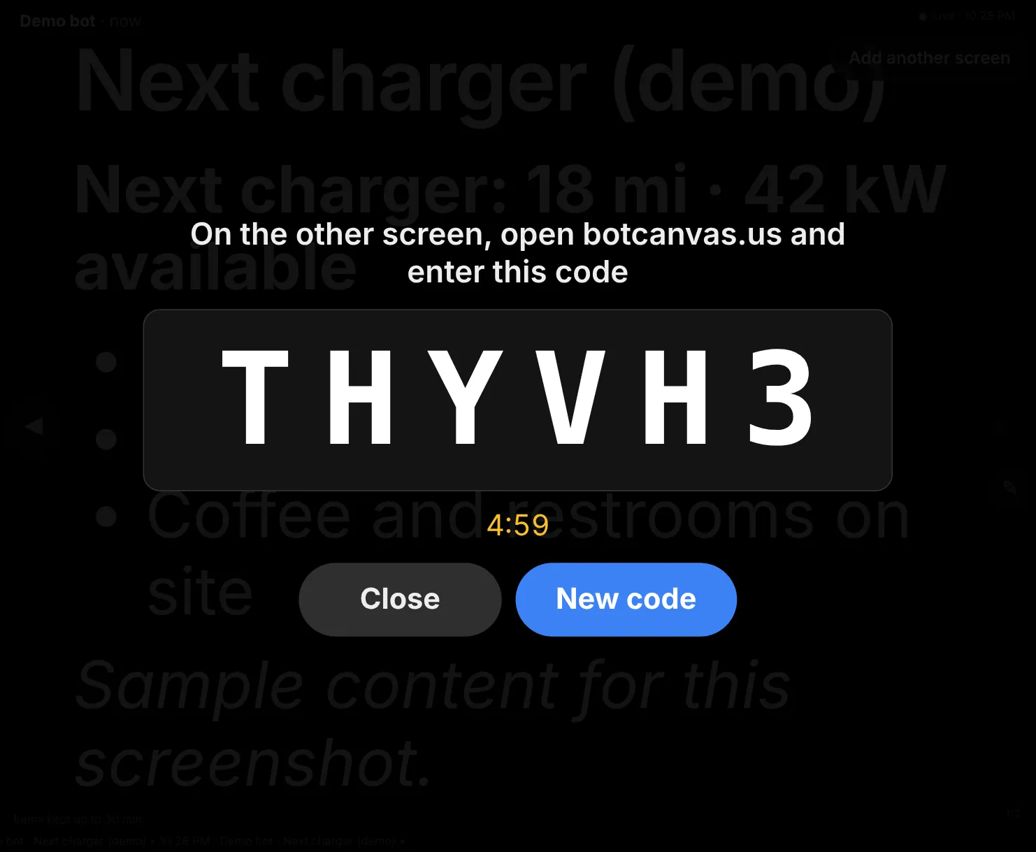 The Add another screen overlay on a BotCanvas board, showing a six-character code and a 5-minute countdown